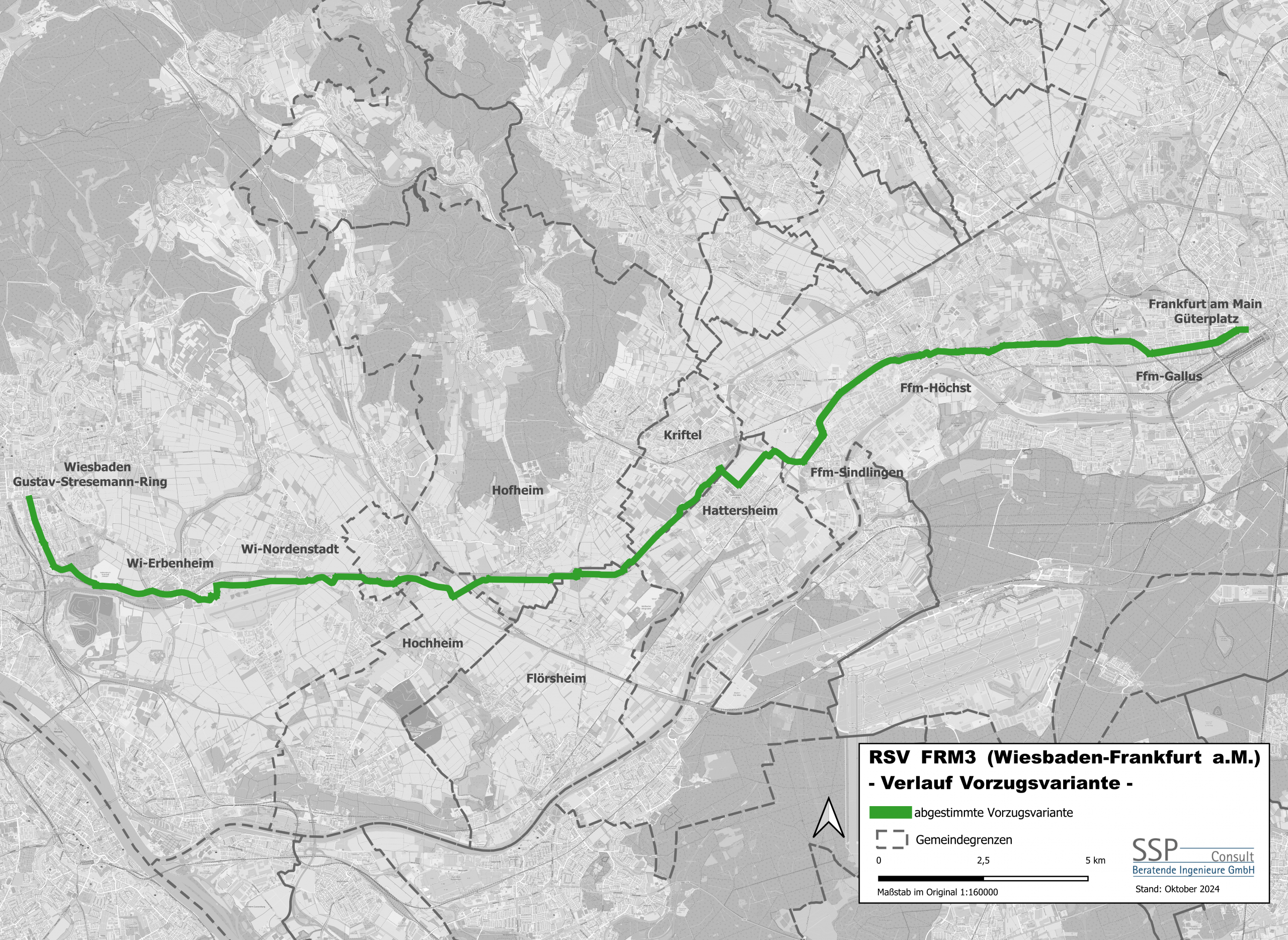 Übersichtskarte der Vorzugsvariante FRM 3 von Wiesbaden nach Frankfurt